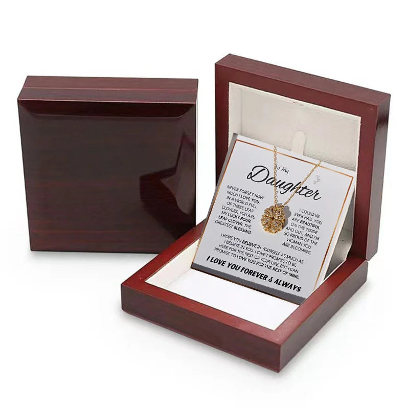 To My Daughter – Four-Leaf Clover Necklace with Wooden Flap Box