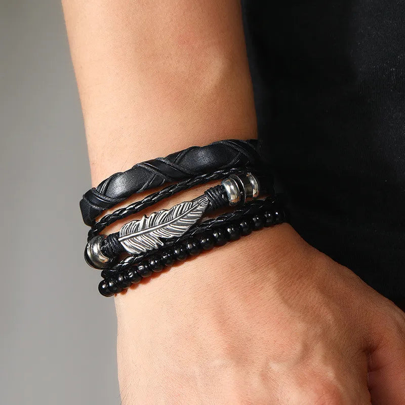 Modyle Gothic Leather Bracelet Set – Punk Wings & Charms for Men