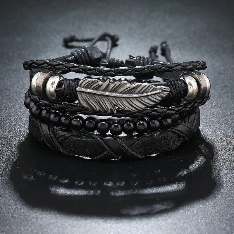 Modyle Gothic Leather Bracelet Set – Punk Wings & Charms for Men