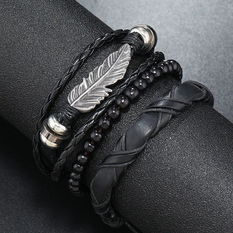 Modyle Gothic Leather Bracelet Set – Punk Wings & Charms for Men