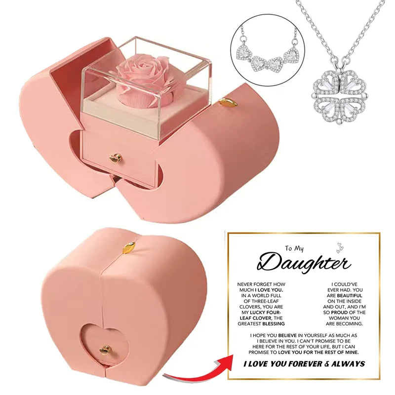 To My Daughter – Four-Leaf Clover Necklace with Eternal Rose Gift Box