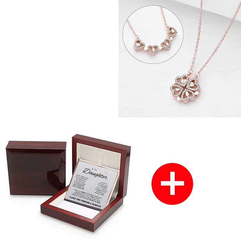 To My Daughter – Four-Leaf Clover Necklace with Wooden Flap Box