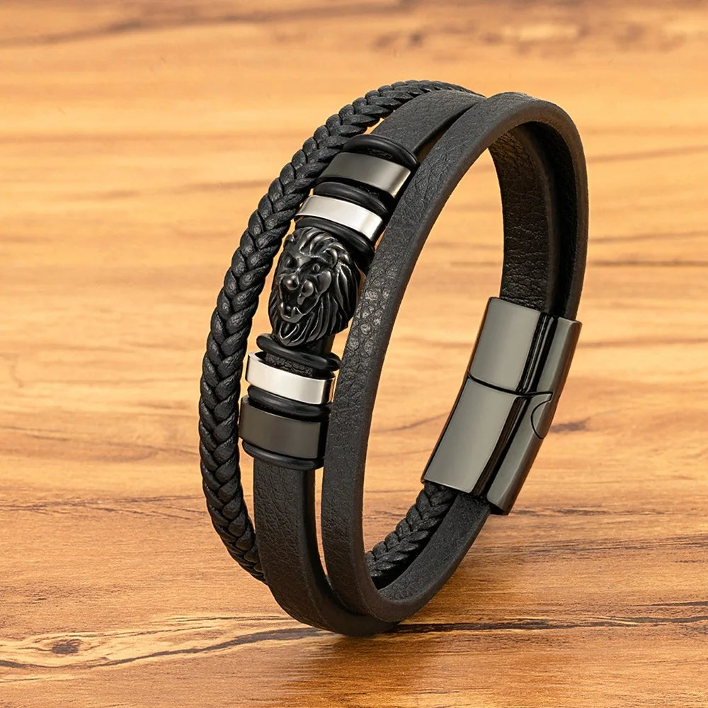 To My Son – Lion Head Leather Bracelet with Gift Box