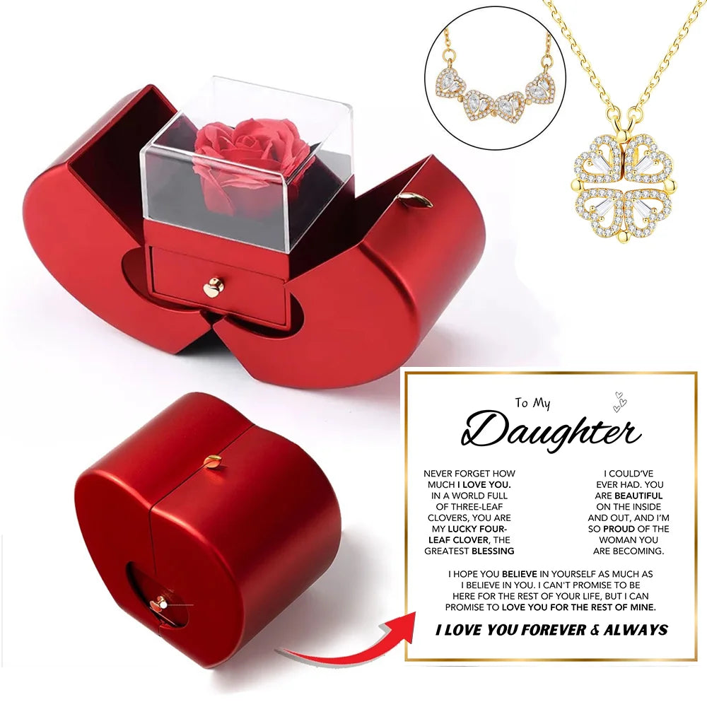 To My Daughter – Four-Leaf Clover Necklace with Eternal Rose Gift Box