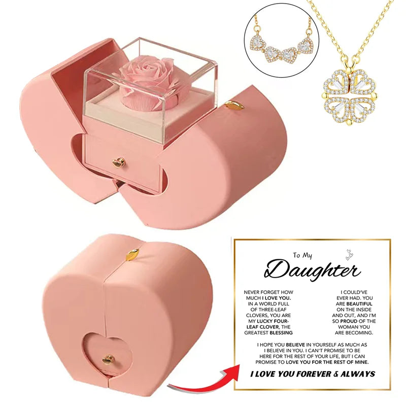 To My Daughter – Four-Leaf Clover Necklace with Eternal Rose Gift Box