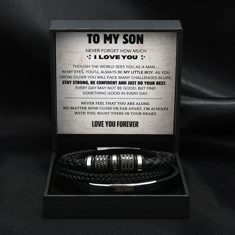 To My Son – Titanium Steel Leather Bracelet with Gift Box
