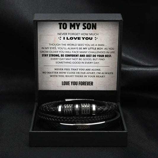 To My Son – Titanium Steel Leather Bracelet with Gift Box
