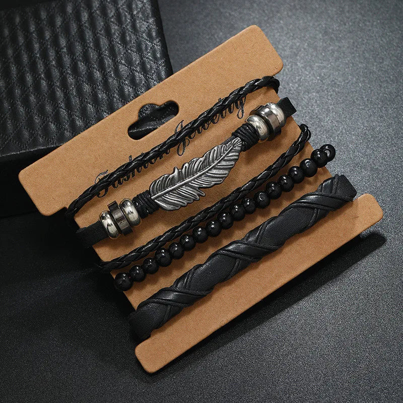 Modyle Gothic Leather Bracelet Set – Punk Wings & Charms for Men