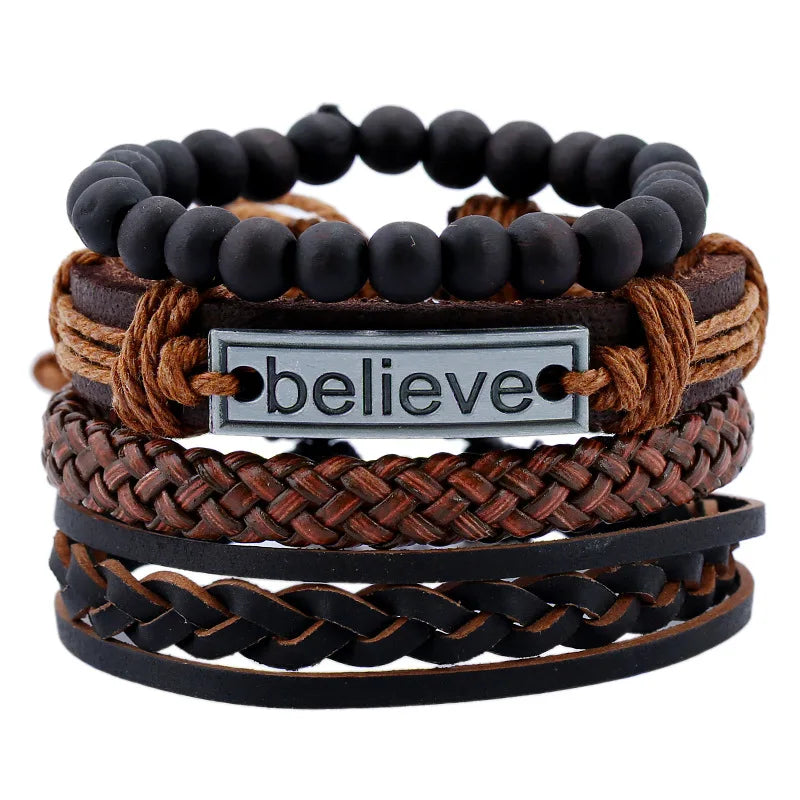 Modyle Gothic Leather Bracelet Set – Punk Wings & Charms for Men