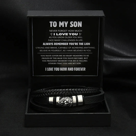 To My Son – Lion Head Leather Bracelet with Gift Box