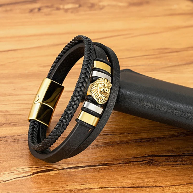 To My Son – Lion Head Leather Bracelet with Gift Box