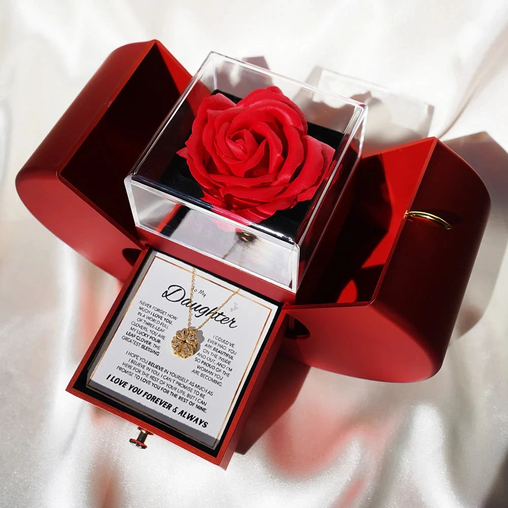 To My Daughter – Four-Leaf Clover Necklace with Eternal Rose Gift Box