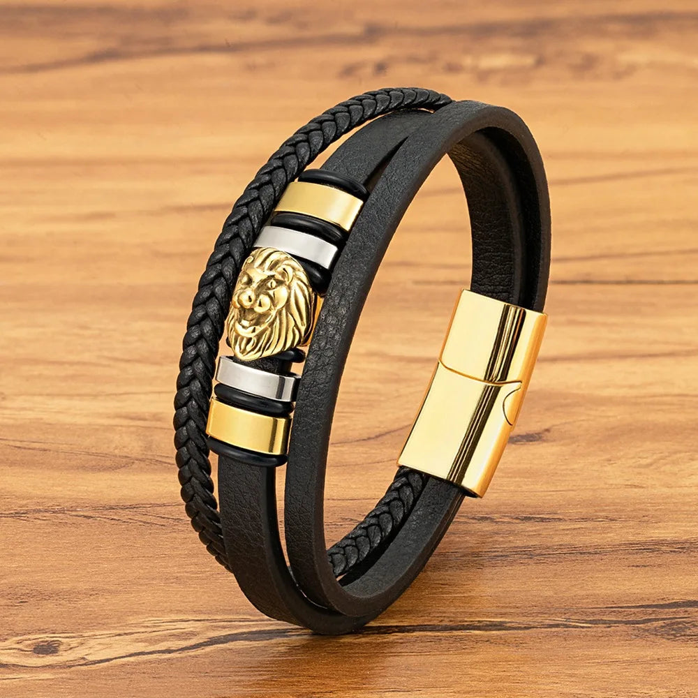 To My Son – Lion Head Leather Bracelet with Gift Box