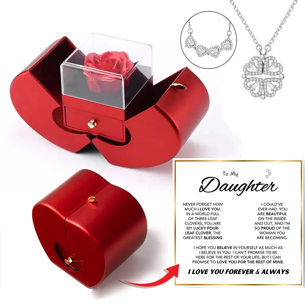 To My Daughter – Four-Leaf Clover Necklace with Eternal Rose Gift Box