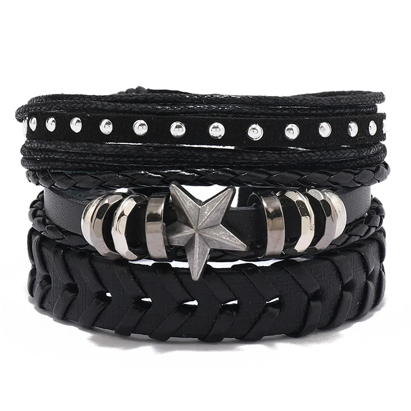 Modyle Gothic Leather Bracelet Set – Punk Wings & Charms for Men