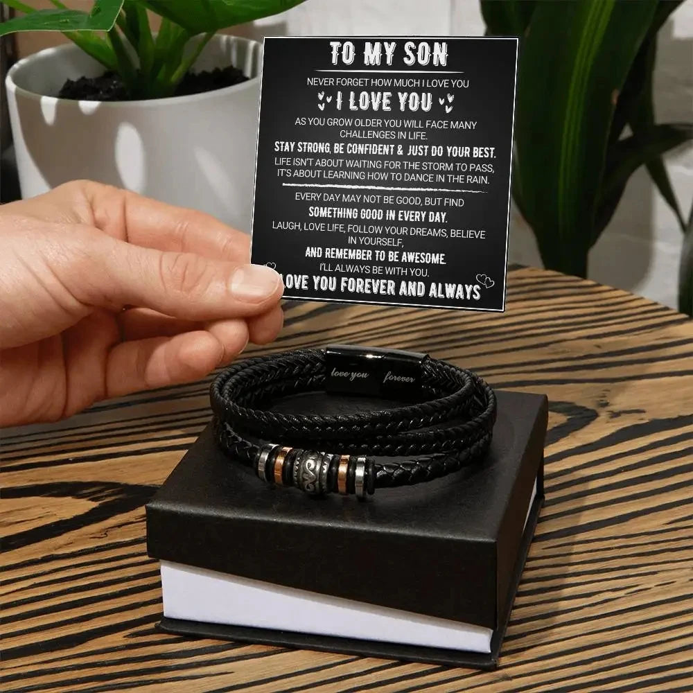 To My Son – Engraved Multi-Layer Leather Bracelet Gift Set