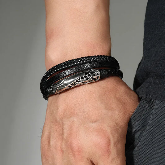 Modyle Punk Leaf Bracelet – Vintage Silver & Leather Cuff for Men