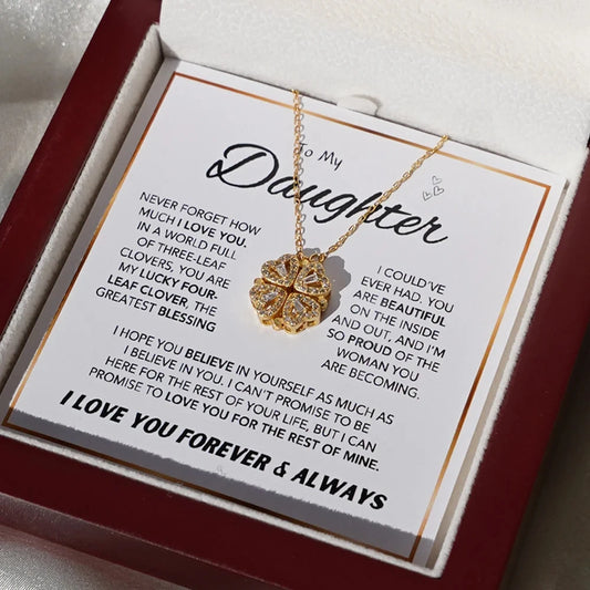 To My Daughter – Four-Leaf Clover Necklace with Wooden Flap Box
